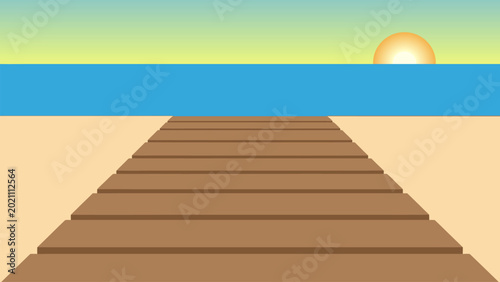 Bild auf Leinwand High angle vector illustration of a wooden boardwalk leading to the ocean with a small sun on the horizon