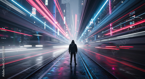 Cyberpunk City Street with Hooded Silhouette Standing Amidst Vibrant Neon Light Trails and Fast Motion Blur in a Futuristic Urban Landscape and Abstract Concept