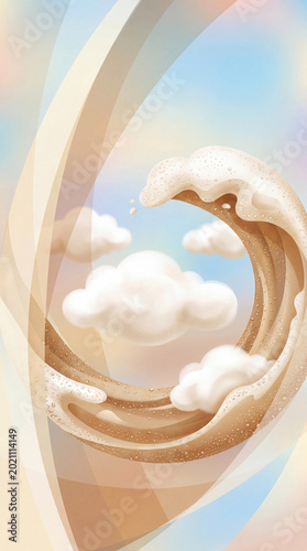 Abstract Surreal Wave with Clouds and Soft Pastel Sky