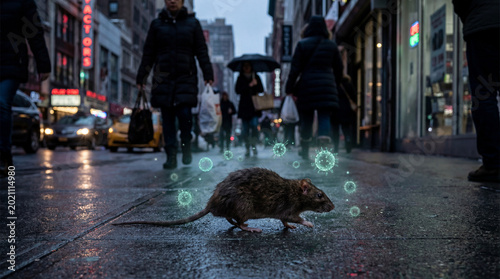 Virus Carrying Rat Walking Through Crowded Urban Street During Pandemic