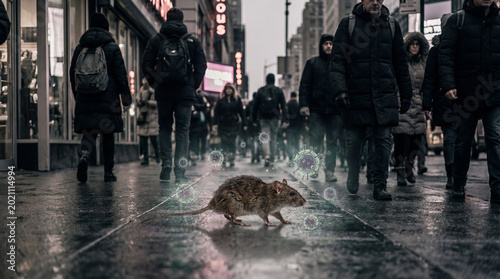 Urban Rat Surrounded by Virus Particles Among City Pedestrians
