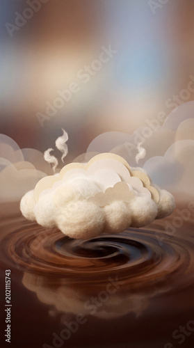 Surreal fluffy cloud floating over a whirlpool of liquid chocolate