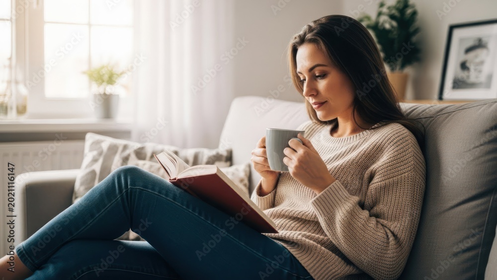 Obraz premium Person relaxed at home, reading a book while holding a warm beverage