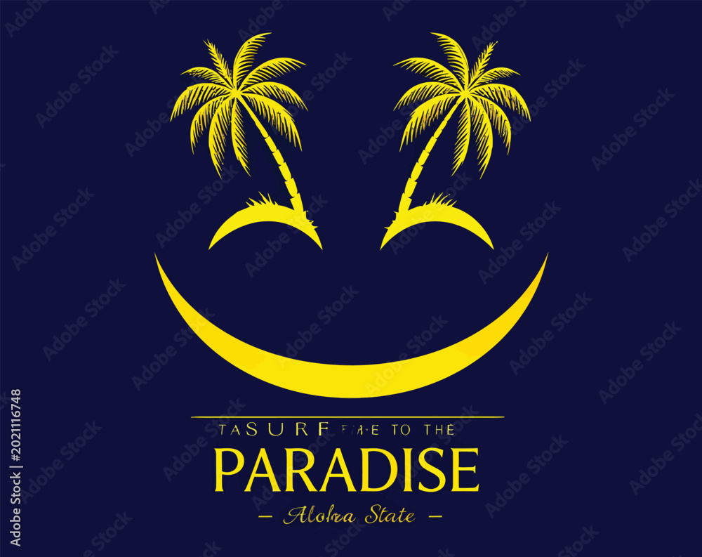 Obraz premium Paradise Smile: A vibrant graphic illustration evoking a sense of tropical bliss with palm trees forming eyes and a crescent moon shaping a smile.