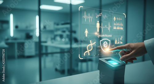 HIPAA compliant medical data security interface with biometric fingerprint authentication for patient privacy and healthcare PHI protection in a lab
