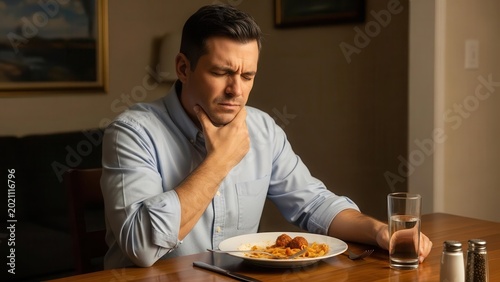 Man experiencing throat pain or difficulty swallowing while eating dinner at home.