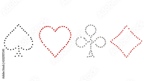 Slika na platnu Playing card suits icon set, spade heart diamond club made of smaller suits, flat design clipart, isolated with copy space, for website social media presentation