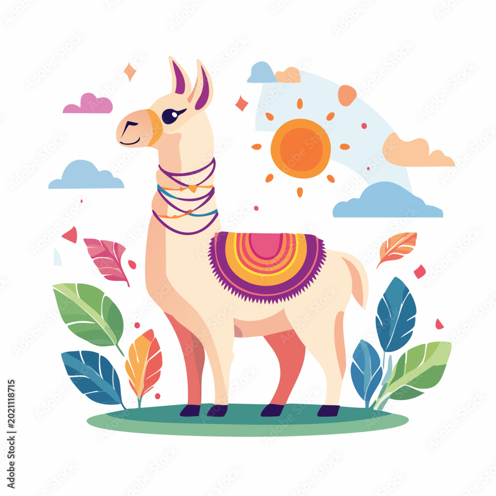 Obraz premium Cute Llama Illustration with Colorful Decorations and Sunny Sky