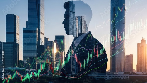 Silhouette of a businessperson with a city and stock chart overlay