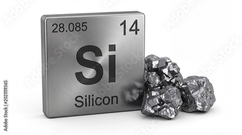 Periodic table element silicon symbol represented as a brushed metal square block on white background