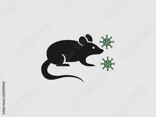 A black silhouette of a rat positioned next to green virus symbols