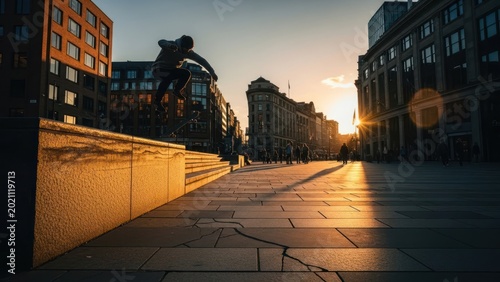 Silhouette skater jumps a ledge at sunset amidst urban buildings