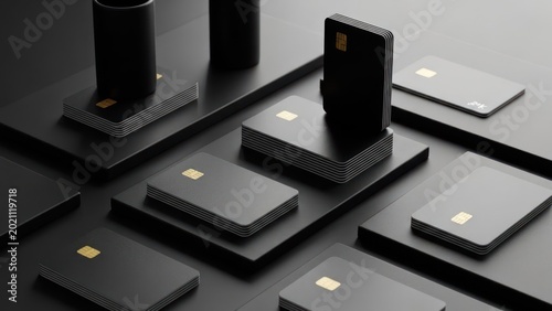 Sleek, dark objects arranged on a minimalist, geometric platform