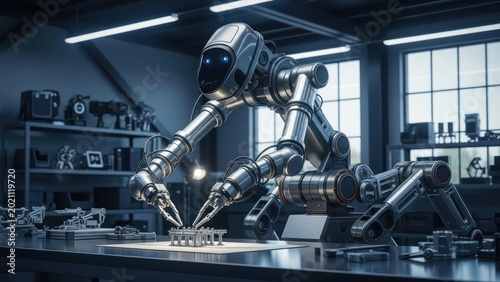 Sleek robot meticulously assembling components in a workshop setting
