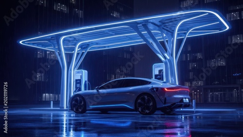 Sleek electric car charging at a futuristic station, nighttime scene