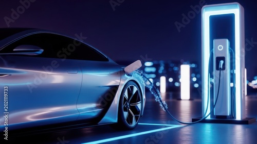 Sleek silver car charging at night with a futuristic electric station