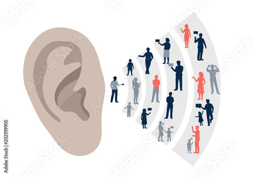 Φωτογραφία A large ear with people talking and gesturing around it in a noisy environment