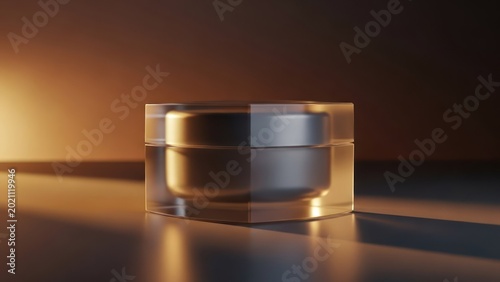 Small, metallic jar in a clear cube, illuminated by soft, golden light