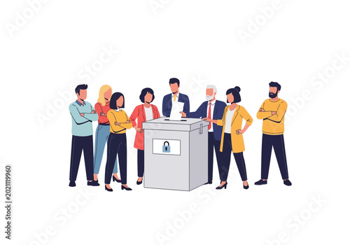 People standing around a ballot box in a public voting event