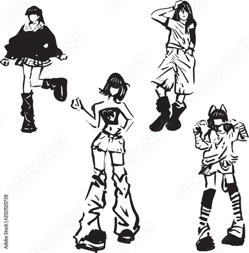 Trendy Street Fashion Girls Set Black and White Vector Illustration