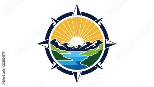 Compass illustration overlooking mountain scenery