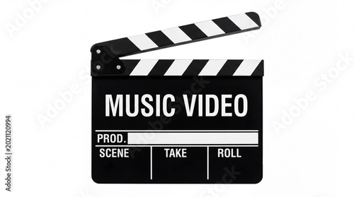 Professional film clapperboard used for capturing a music video production scene featured on white background
