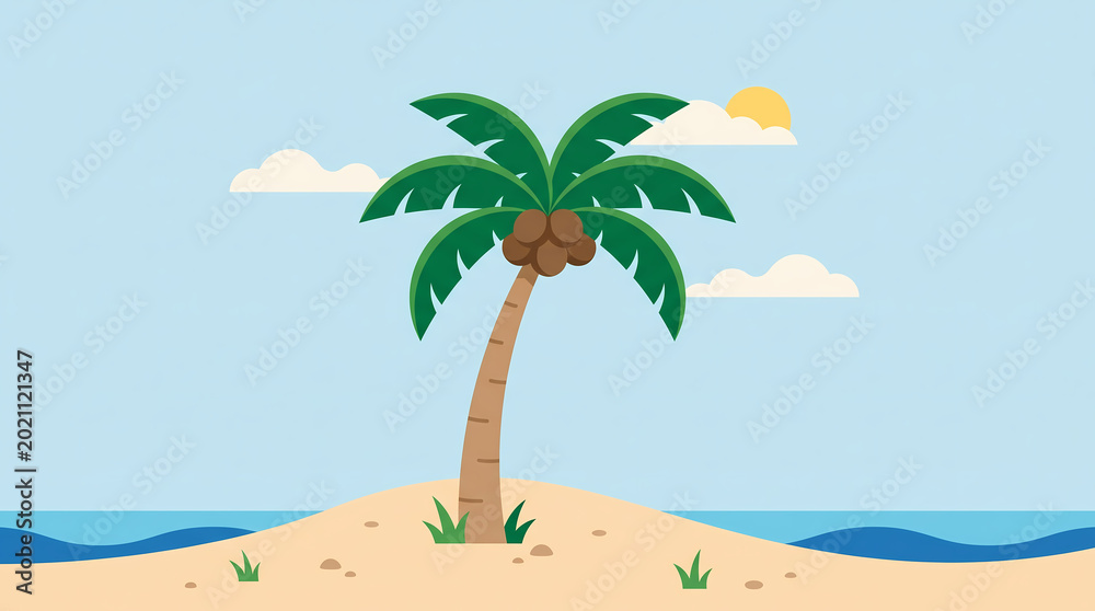 Fototapeta premium Cartoon palm tree on sandy beach with ocean and sun in background