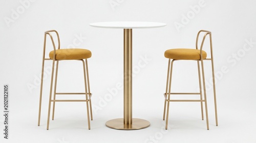Modern bistro table set featuring two golden metal bar stools and a circular top on white background