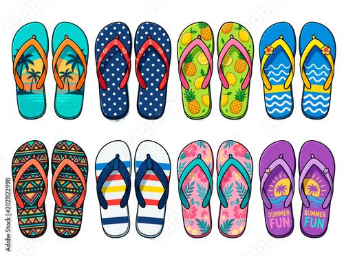 vector Collection of colorful flip flop sandals with various summer patterns and designs