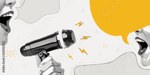 Fotografie Microphone held by hand with speech bubbles and lightning bolts