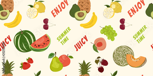 Seamless summer fruit pattern and tropical elements with colorful juicy typography for textile, fabric, wallpaper, wrapping paper, packaging, stationery and surface design. Vector illustration
