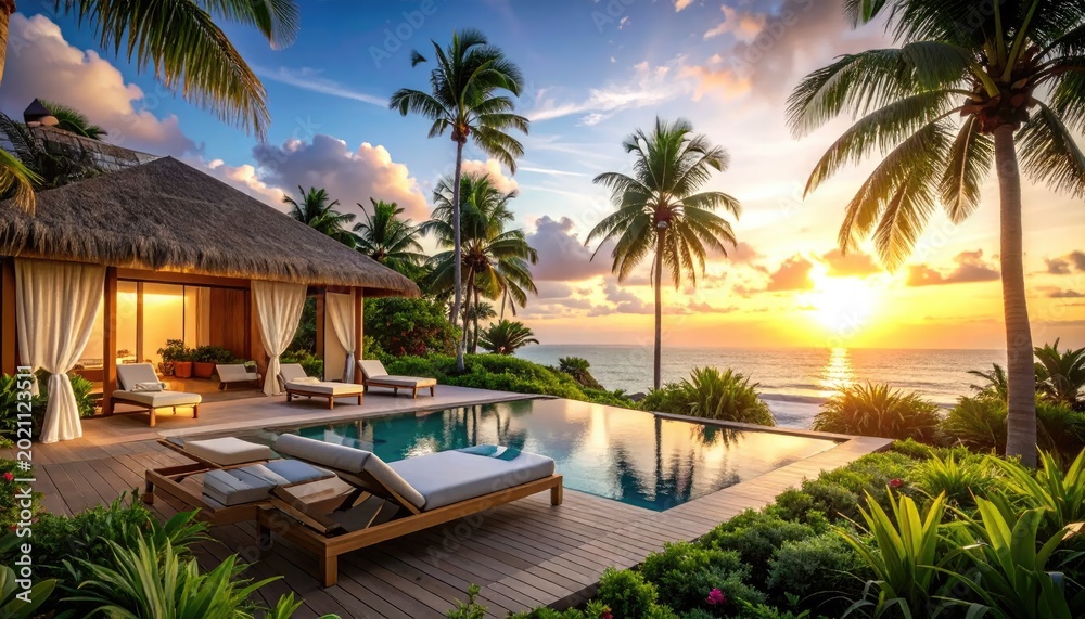 Fototapeta premium Tropical resort scene with swimming pool palm trees and sunset backdrop