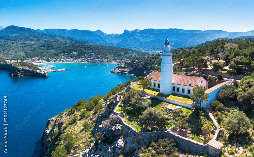 Fototapeta premium Panorama of city in Mallorca - Port de Soller with nice beach, Spain