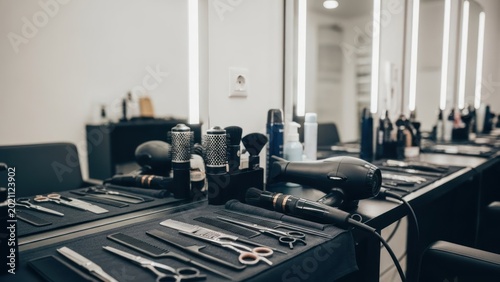 Tools on a salon station with mirrors and hair products, clean