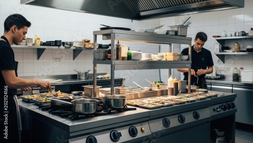 Two chefs preparing food in a modern kitchen with stainless steel