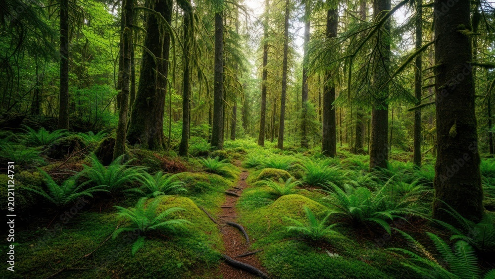 Fototapeta premium Verdant forest path leads through lush green ferns and towering trees