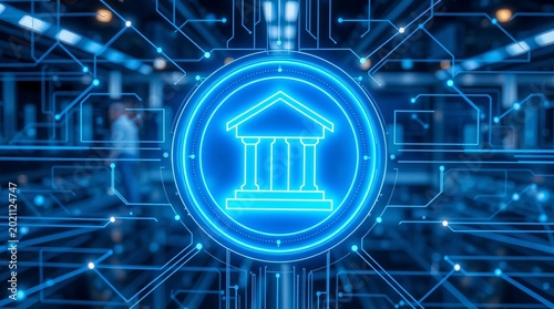Glowing blue holographic bank icon centered in a futuristic digital network interface.