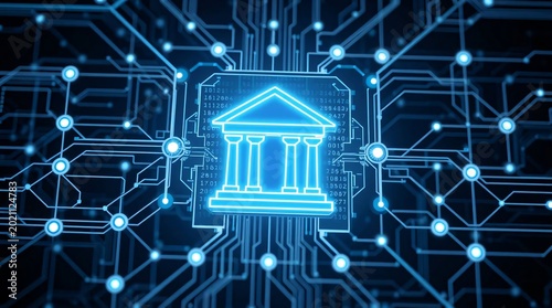 Glowing blue holographic bank icon centered in a futuristic digital network interface.
