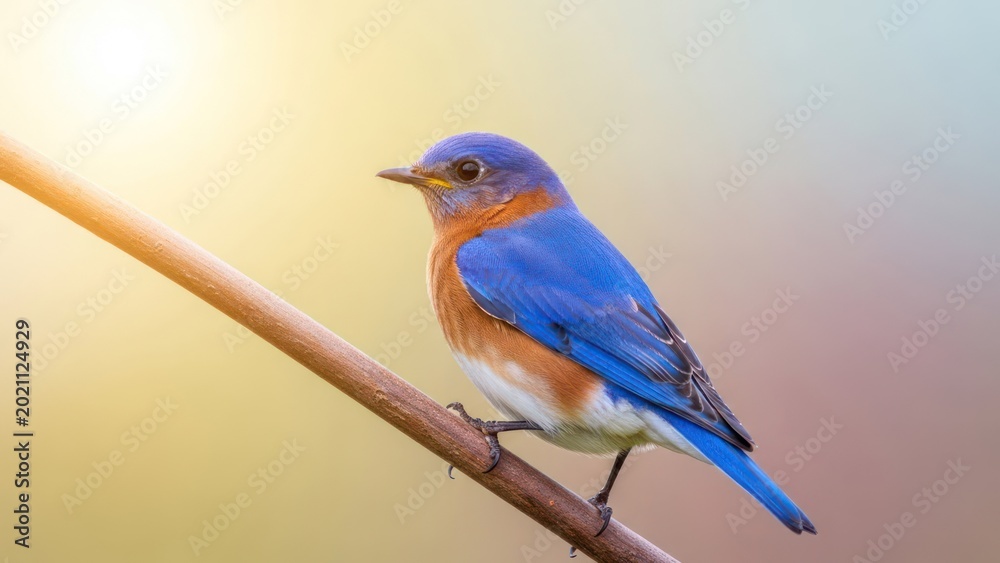 Obraz premium Vivid bluebird perches on a branch with soft sunlight