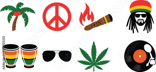 Photos Set of reggae music themed icons isolated on light gray transparent background
