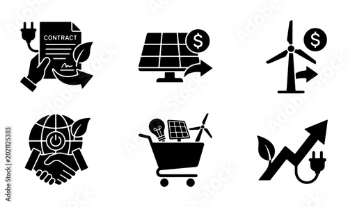 Renewable Energy Icons: Solar, Wind, Contract, Earth, Shopping Cart, Growth Charts, Green Power, Eco-Friendly Business, Sustainability Vector Set