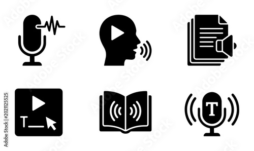 Fotografie Audio and Voice Icons Set: Microphone, Speech Bubble, Speaker, Play Button, Open