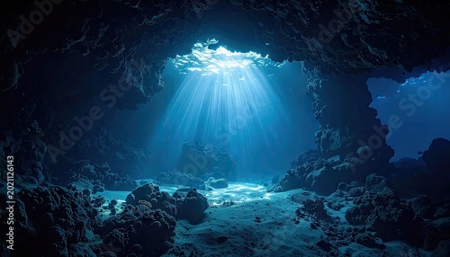 Underwater cave with sunlight beams marine environment and scenic beauty