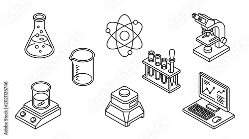 A collection of isometric line art illustrations depicting various scientific laboratory equipment and concepts, including beakers, flasks, a microscope, and an atomic model.