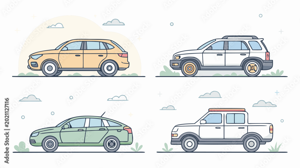 Naklejka premium Four cars in different colors side view.
