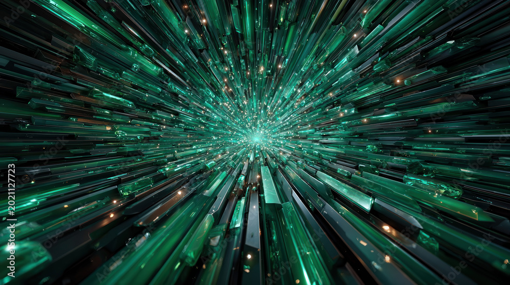 Fototapeta premium Abstract digital futuristic tunnel with glowing green lines and data stream particles in motion