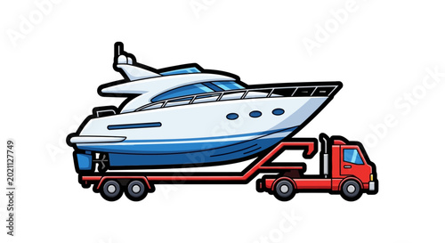 Tableau sur toile Luxury motor yacht being transported on a heavy duty truck trailer isolated on w