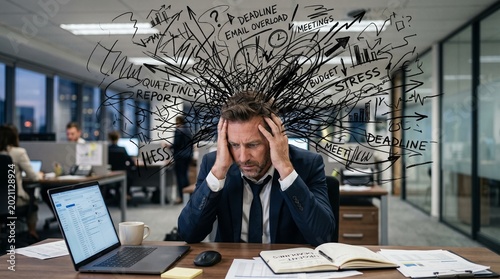 Overwhelmed businessman with sketches representing stress in office