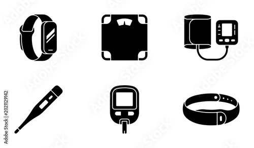 Bild auf Leinwand Health Monitoring Icons: Smartwatch, Scale, Blood Pressure Monitor, Thermometer,