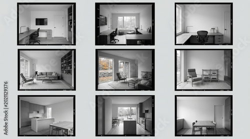 Modern home interior contact sheet showing architectural design